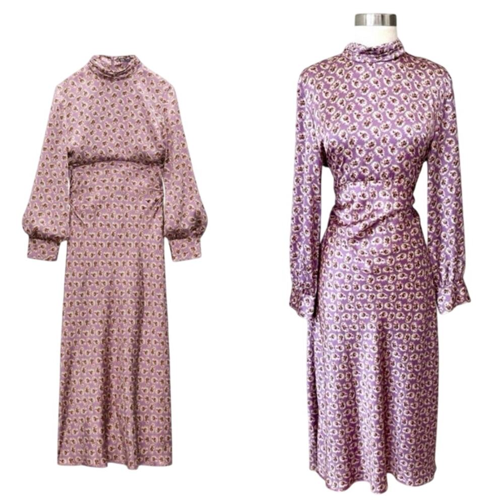 Zara Size M Floral Print Silky Satin Midi Dress Purple With Ruching Long Sleeve - Picture 4 of 12